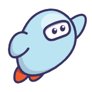 Blue cartoon mascot flying with one arm raised.
