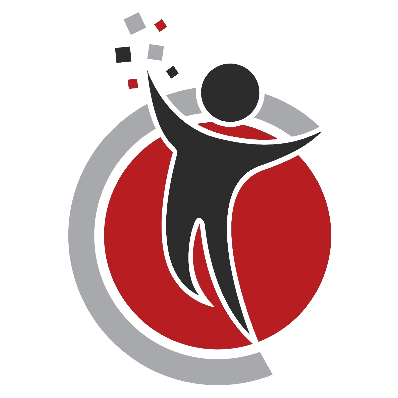 Abstract logo of a person with raised arms in red, black, and gray.