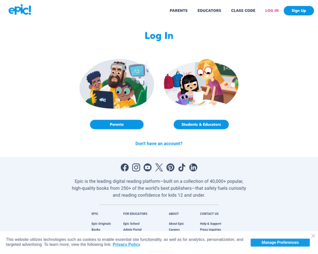 Screenshot of the Epic website