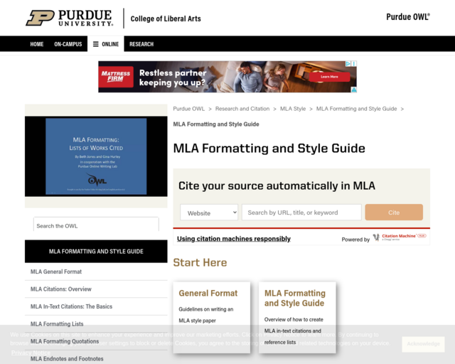 Screenshot of the Purdue OWL website