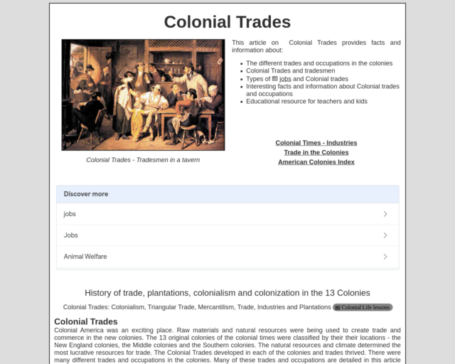 Screenshot of the Colonial Trades website