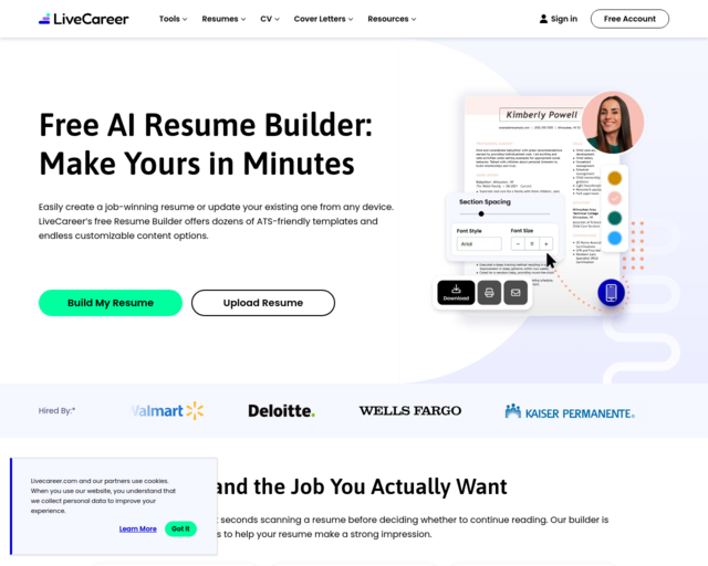 Screenshot of the Live Career website