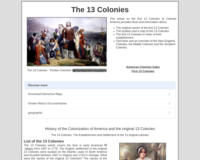 Screenshot of the List of 13 Colonies website