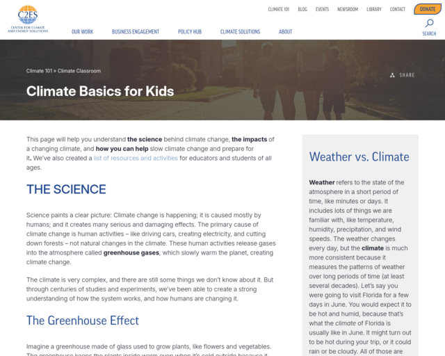 Screenshot of the Climate Basics for Kids website