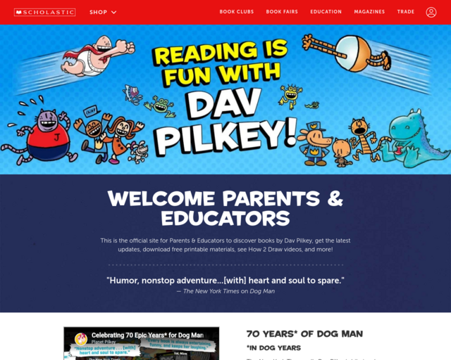 Screenshot of the Dav Pilkey At Home Friday Fun Videos website