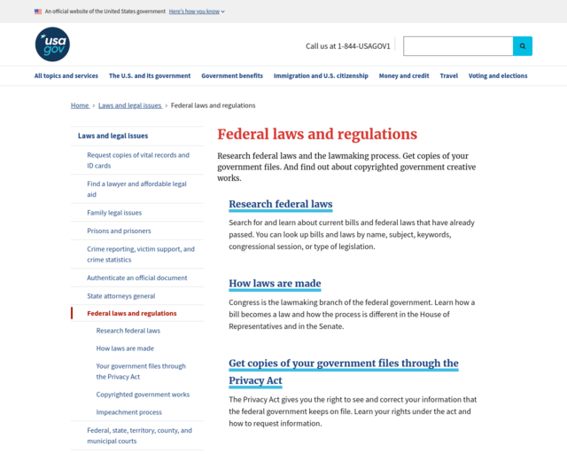 Screenshot of the USA.gov - Commonly Requested U.S. Laws and Regulations website