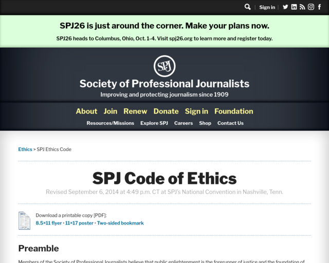 Screenshot of the Journalism Code of Conduct (with detailed explanations) website