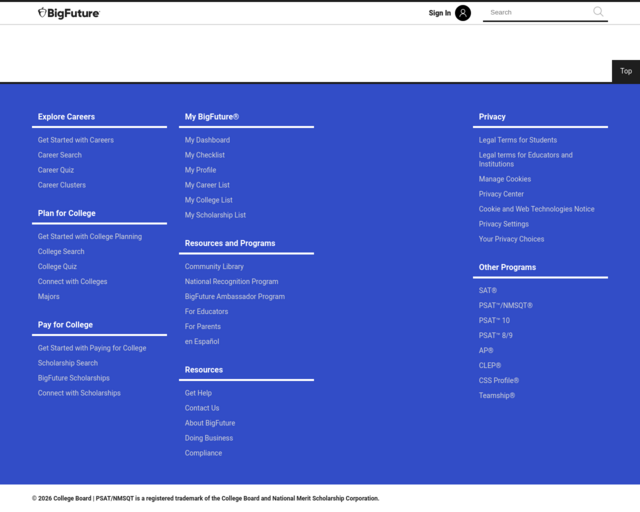 Screenshot of the College Board Career & College Search website