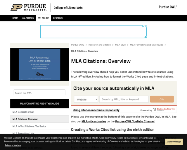 Screenshot of the MLA Formatting website