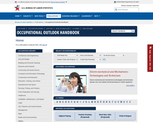 Screenshot of the Occupational Outlook Handbook website