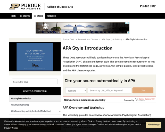 Screenshot of the Owl at Purdue - APA 7th website