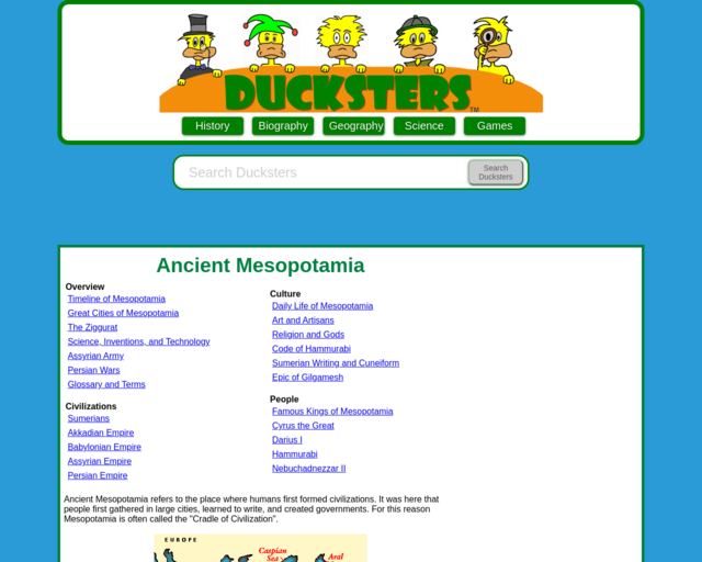 Screenshot of the Ducksters Mesopotamia website
