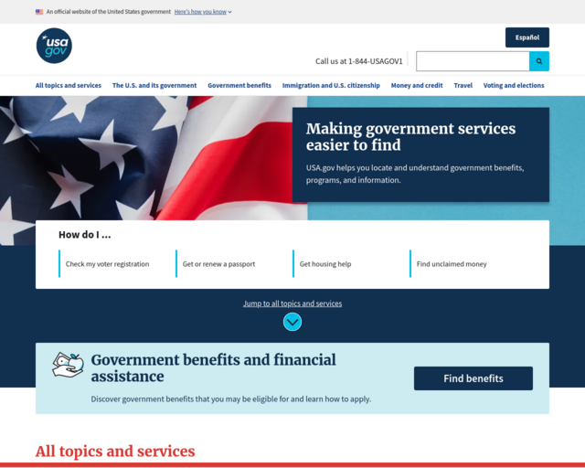 Screenshot of the USA.gov website