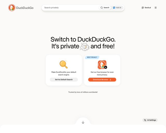 Screenshot of the Duck Duck Go website