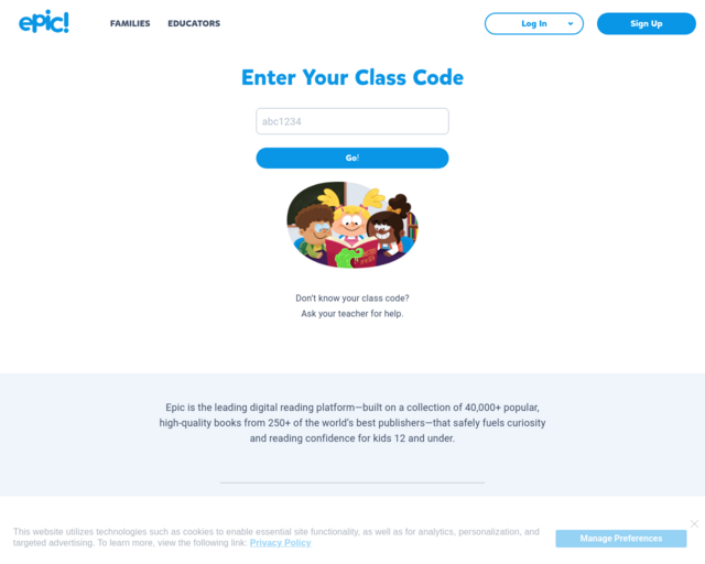 Screenshot of the Get Epic- class code xvi6337 website