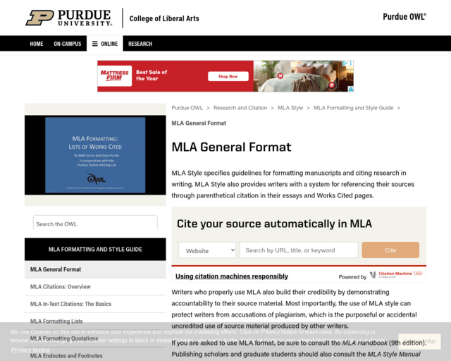 Screenshot of the Purdue OWL website