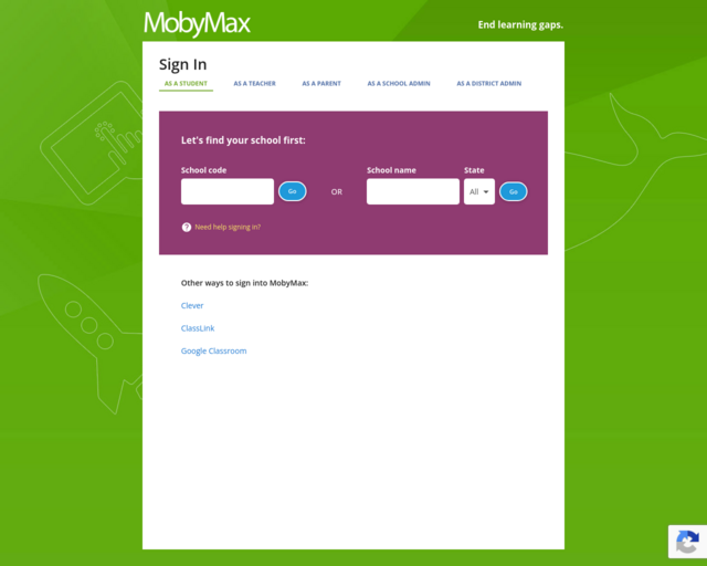 Screenshot of the Moby Max website