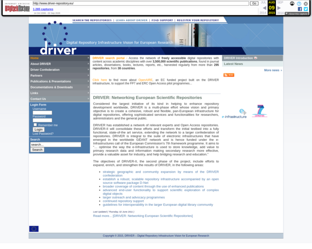 Screenshot of the DRIVER: Networking European Scientific Repositories website