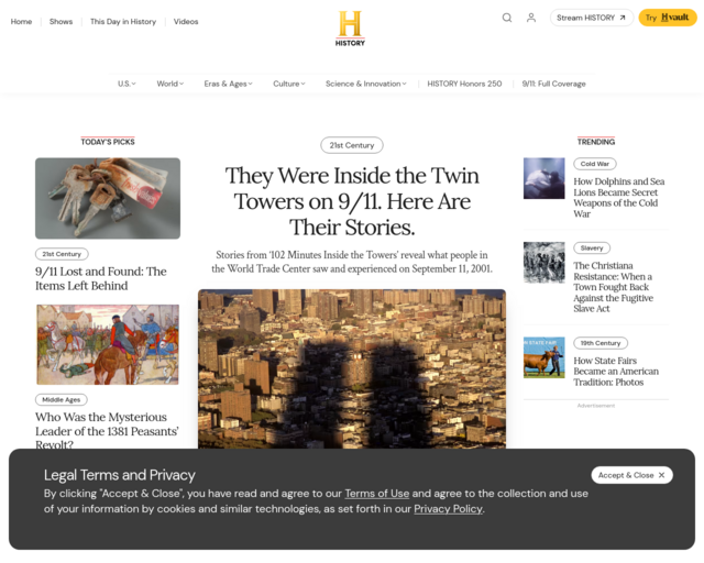 Screenshot of the History website