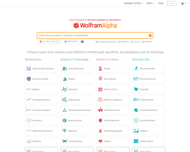 Screenshot of the WolframAlpha website