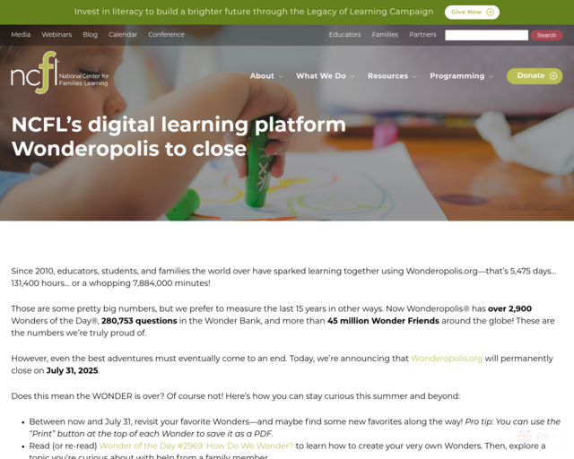 Screenshot of the Wonderopolis website