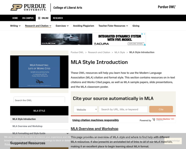 Screenshot of the OWL Purdue MLA Formatting website