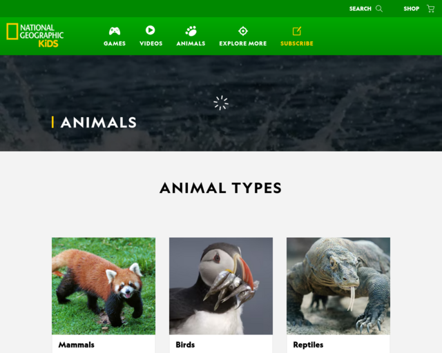 Screenshot of the National Geographic for Kids Animals website