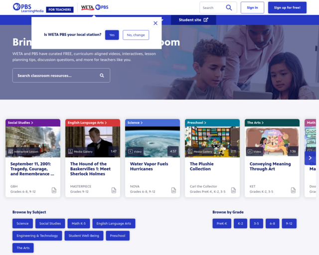 Screenshot of the PBS Learning Media website