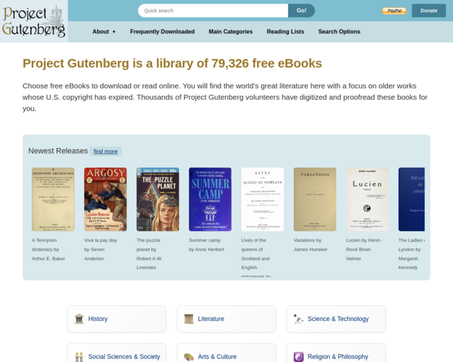 Screenshot of the Project Gutenberg website