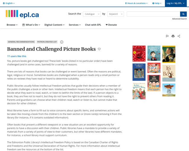 Screenshot of the Banned and Challenged Picture Books website
